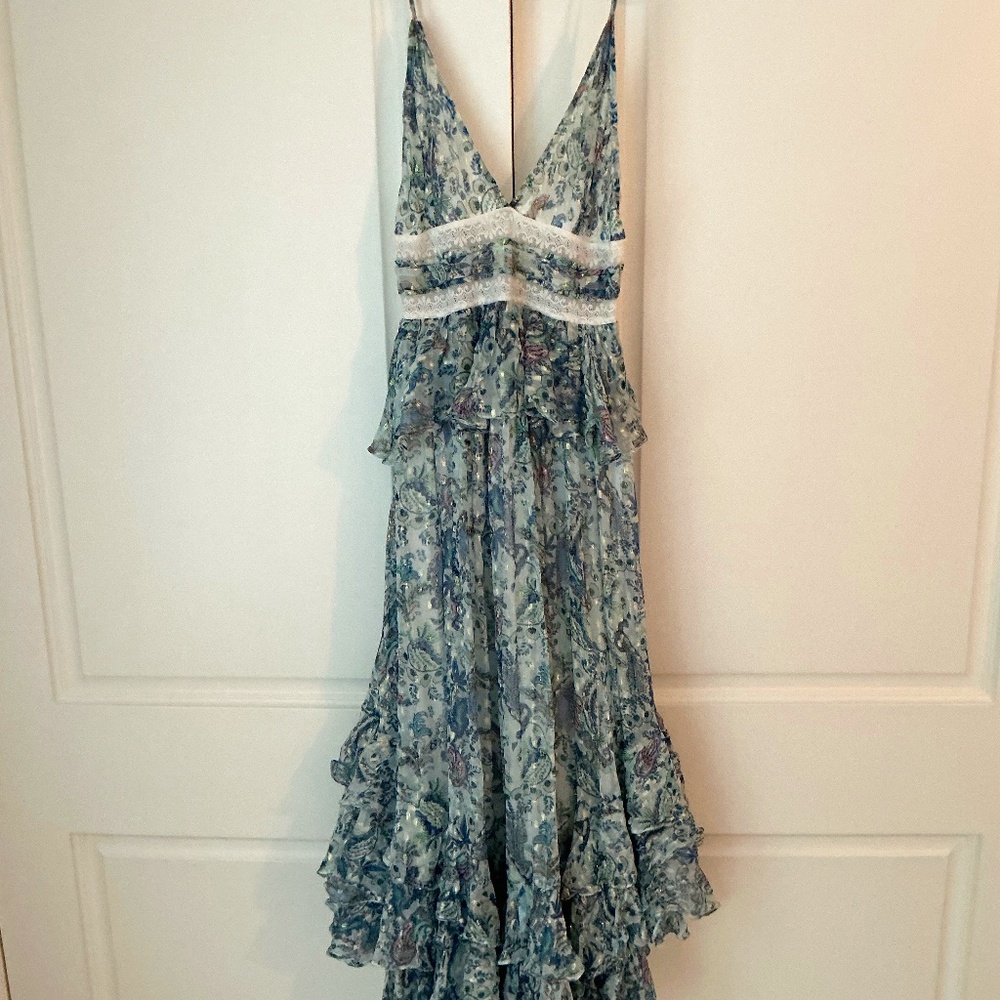 Rococo Sand strappy, long metallic peplum dress